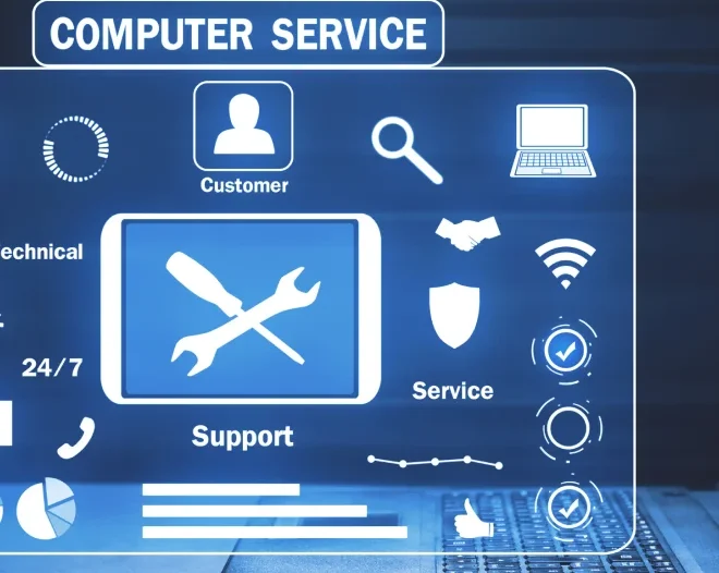 Computer service and technical support. A glowing blue digital interface is projected above a laptop, with the heading "COMPUTER SERVICE". The central icon is a crossed screwdriver and wrench labeled "Support," surrounded by other icons for "Customer," "Service," diagnostics, and 24/7 availability.